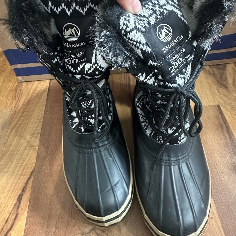 Tamarack Women’s Snow Boots Black Fair Isle Thinsulate 200g Fur Trim Duck Boots